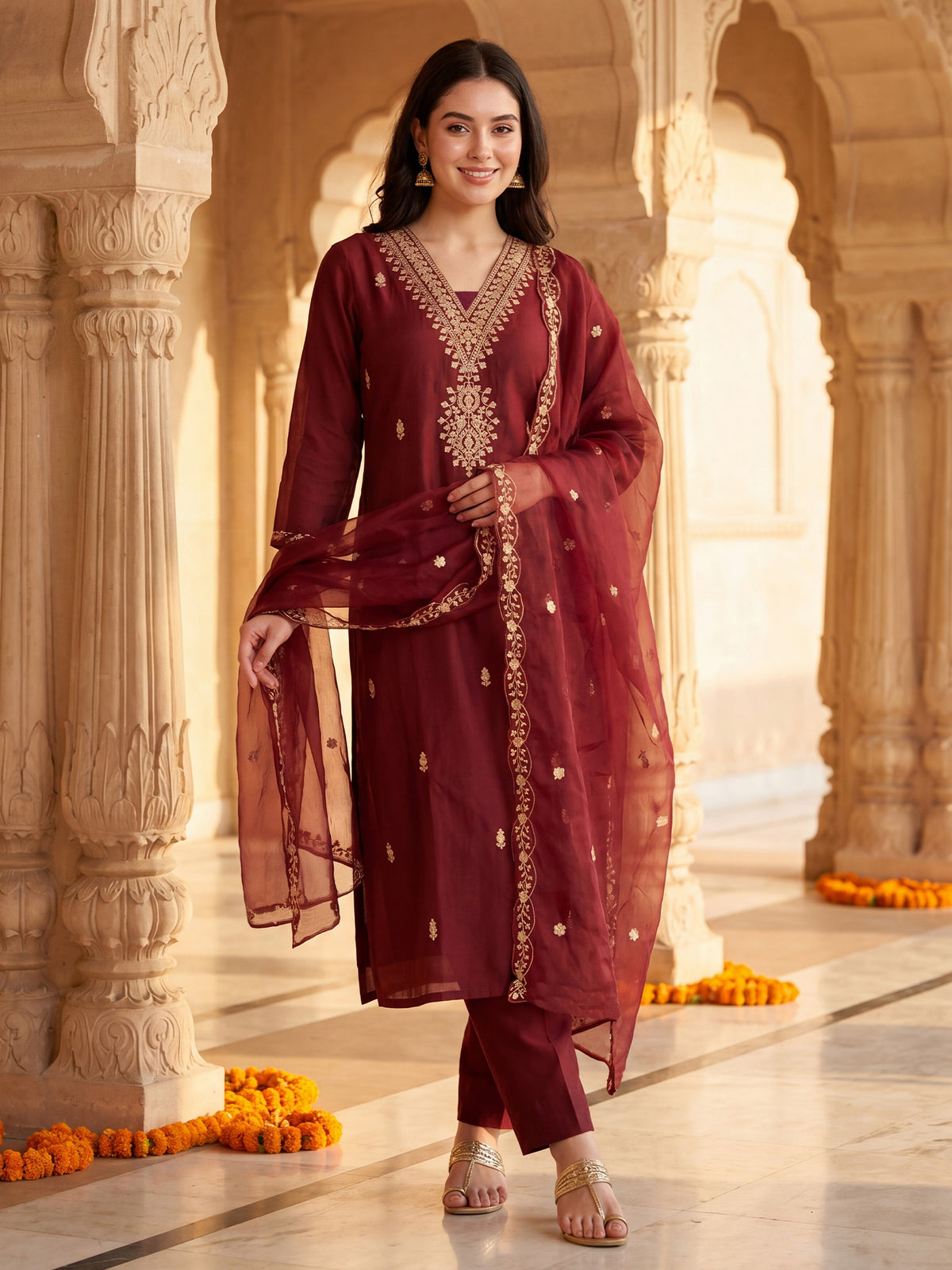 Maroon Embroidered Straight Kurta Trousers With Dupatta Set-BB9KH479