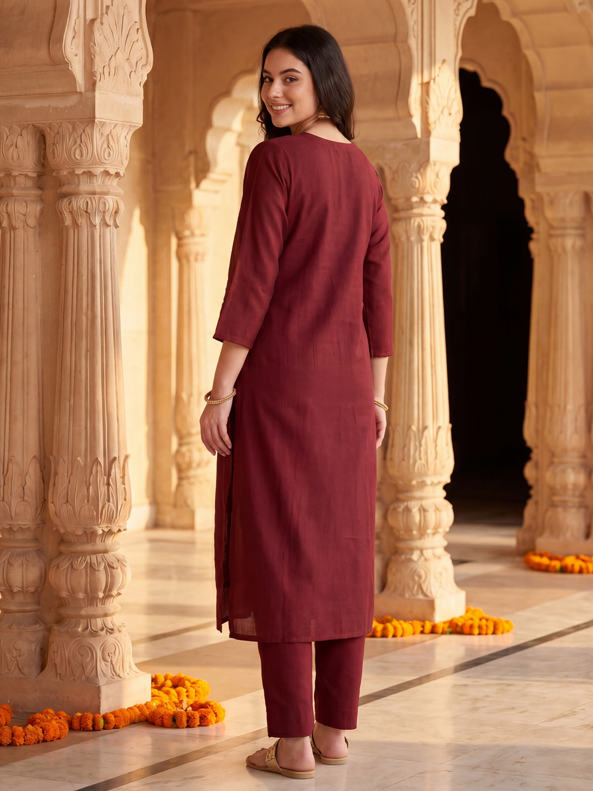 Maroon Embroidered Straight Kurta Trousers With Dupatta Set-BB9KH479