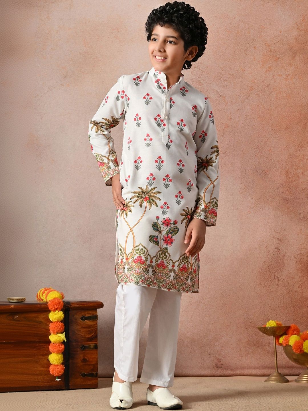 Indi Loom Couture Boys White Floral Printed Ethnic Kurta with Pajama Set ILBKS28