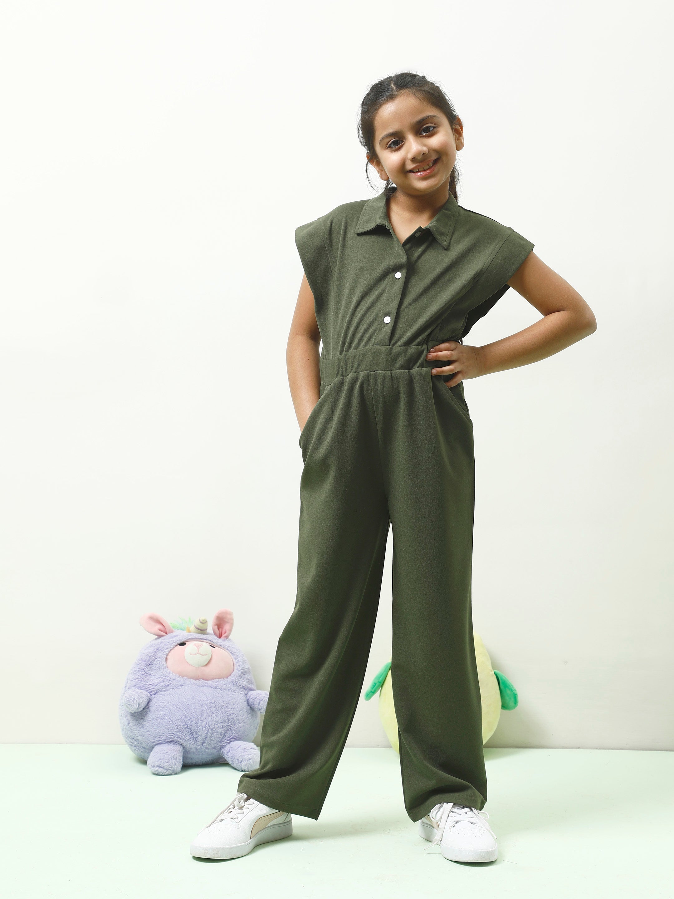athena girl olive green solid jumpsuit