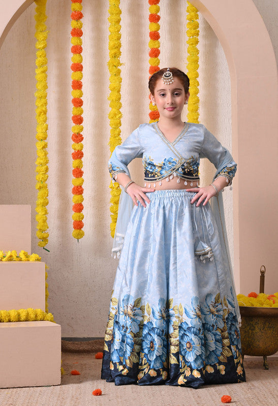 Indi Loom Couture Girls Sky Blue Floral Printed Lehenga Choli with Net Dupatta ILLCD36