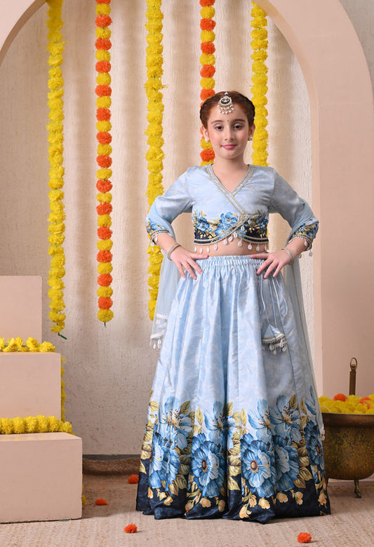 Indi Loom Couture Girls Sky Blue Floral Printed Lehenga Choli with Net Dupatta ILLCD36