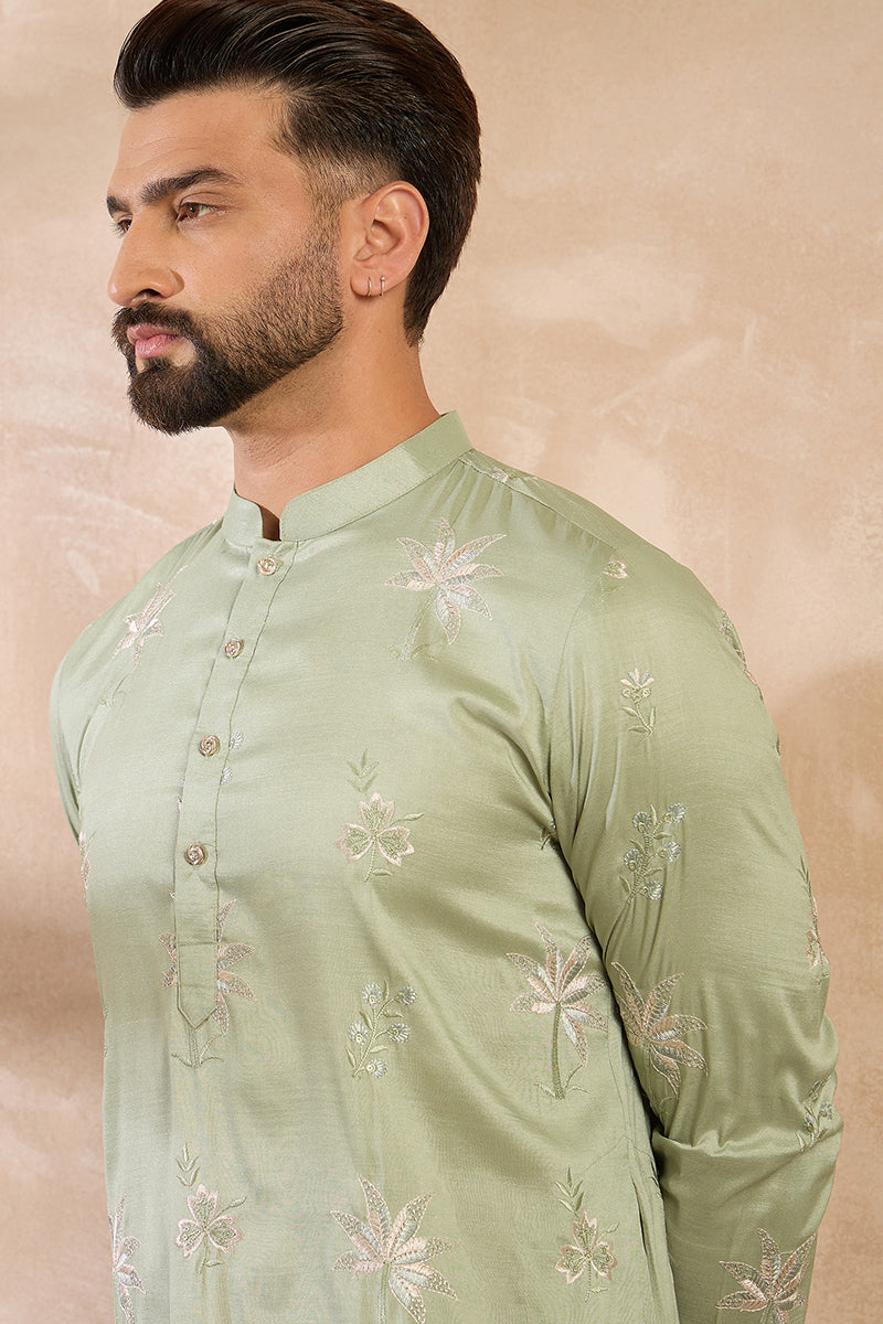 Olive Silk Blend Solid Embroidered Straight Kurta MKU1682