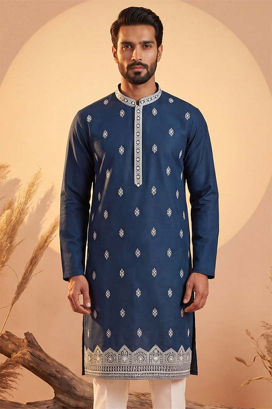 Silk Blend Blue Solid Embroidered Calf Length Straight Kurta MKU2274
