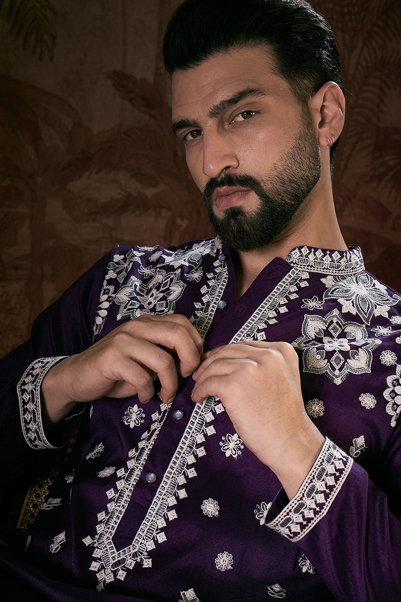 Purple Silk Blend Solid Embroidered Straight Kurta MKU1797