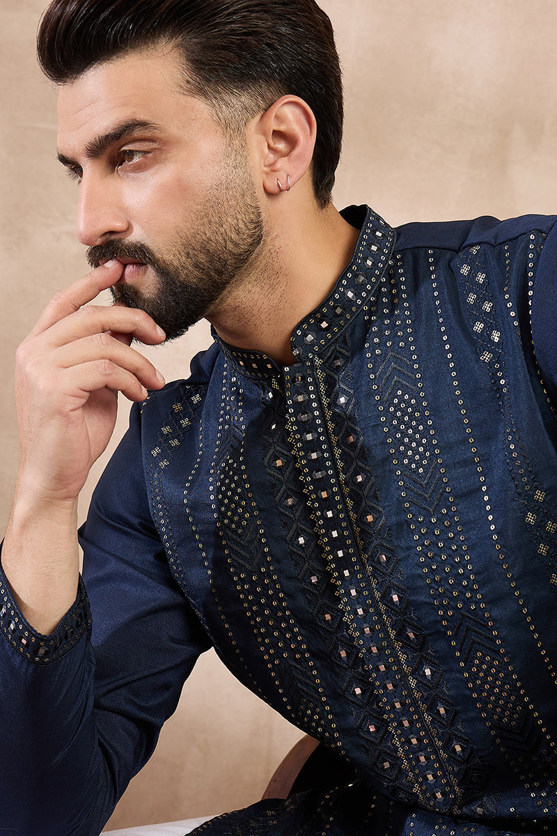 Blue Silk Blend Geometric Embroidered Straight Kurta With Trouser MKSET1890