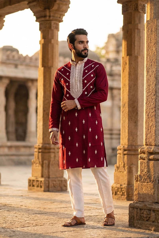 Maroon Silk Blend Embroidered Straight Kurta With Trousers MKSET2048