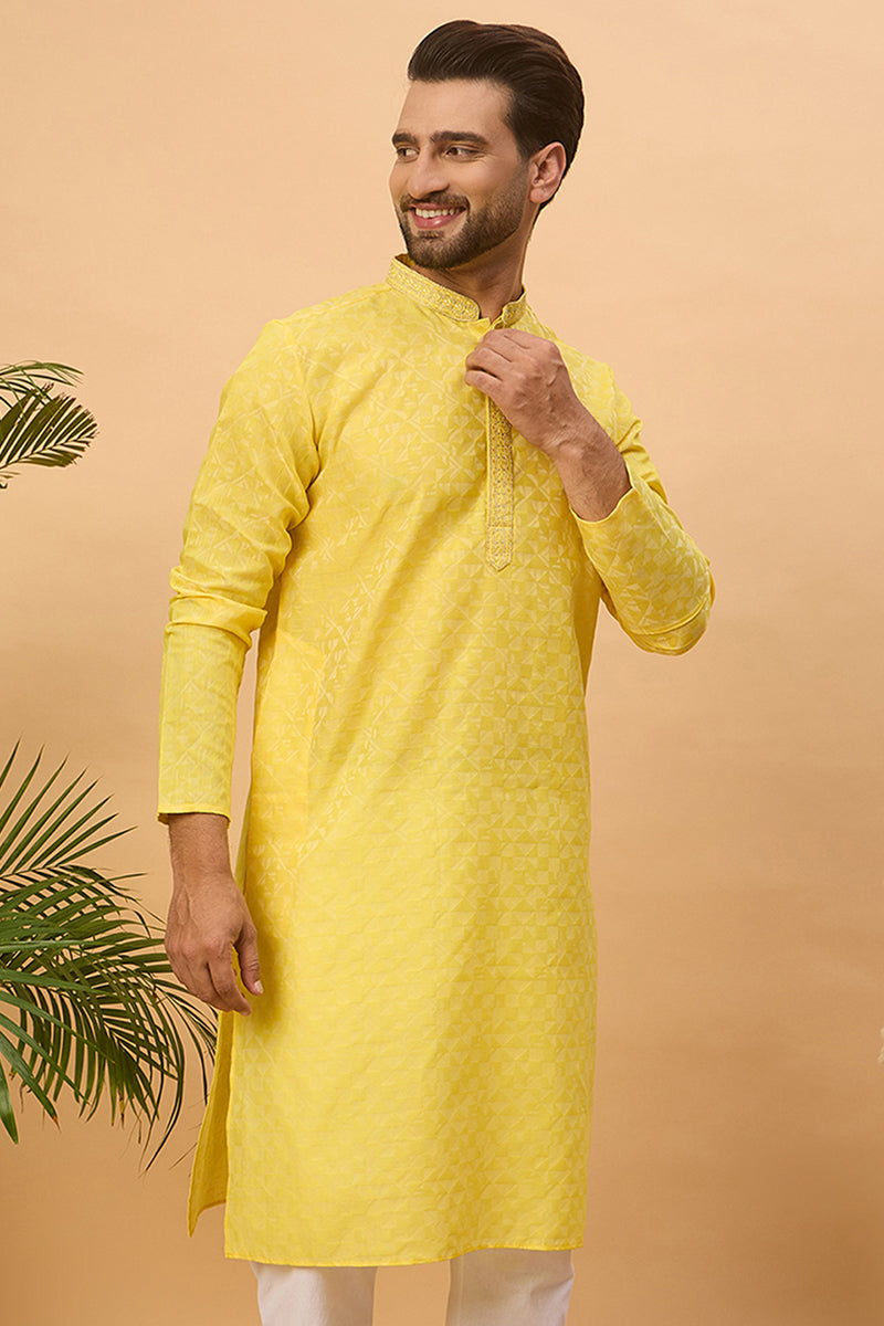 Yellow Silk Blend Solid Embroidered Straight Kurta MKU1455