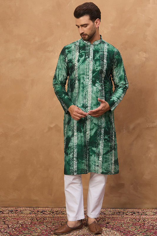 green silk blend shibori embroidered straight kurta