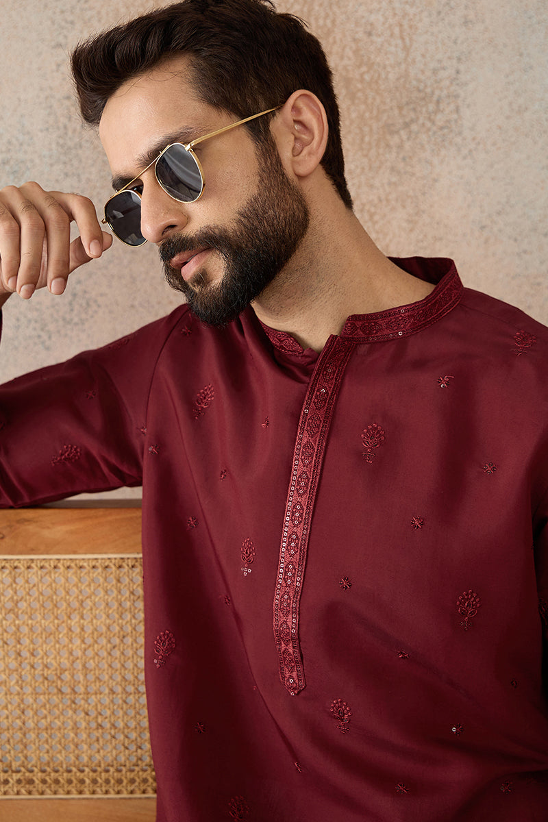 Mens Maroon Silk Blend Solid Emboidered Straight Kurta