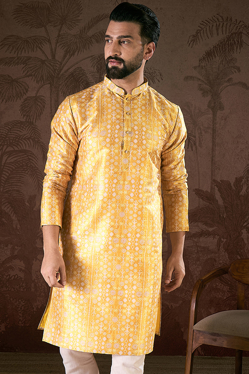 Yellow Silk Blend Floral Printed Straight Kurta MKU1948