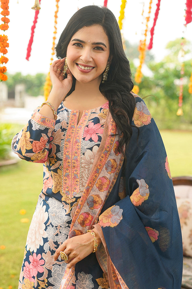blue rayon blend floral printed straight kurta trousers with dupatta 