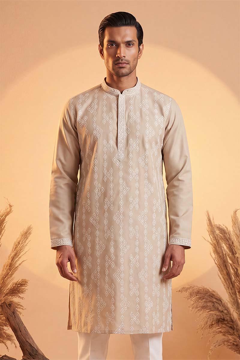 Mens Beige Silk Blend Solid Embroidered Kurta With Trousers MKSET2089
