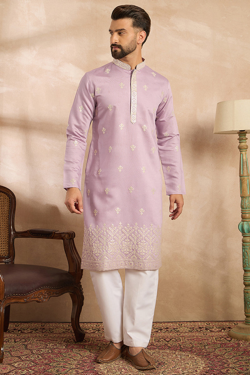 Lavender Polyester Solid Embroidered Straight Kurta With Trouser MKSET1753