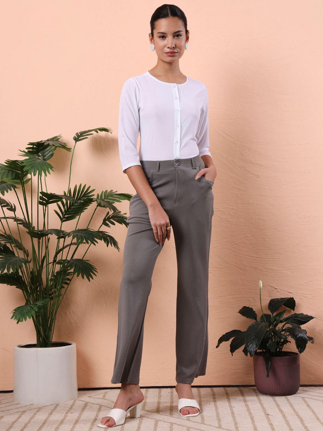 women smart mandarin collar solid polyester shirt