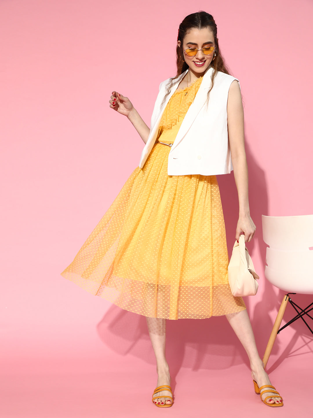 athena lemon one shoulder frill dobby tulle dress