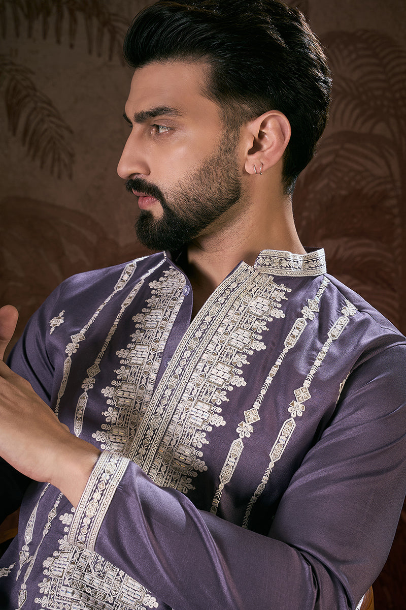 Lavender Silk Blend Solid Embroidered Straight Kurta MKU1792