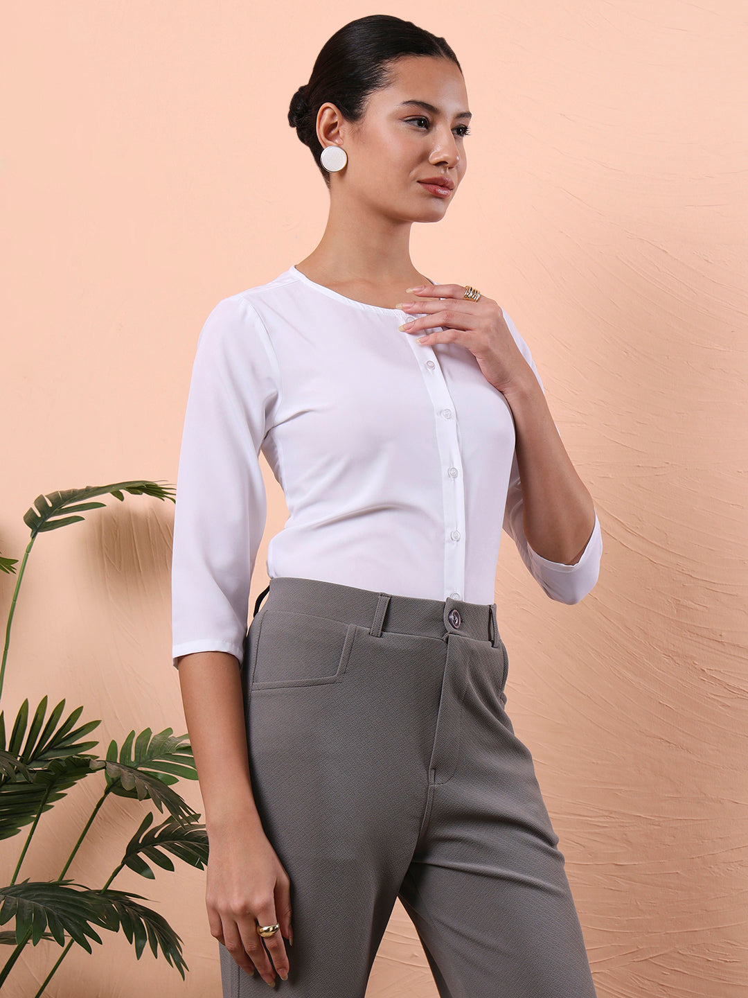 women smart mandarin collar solid polyester shirt