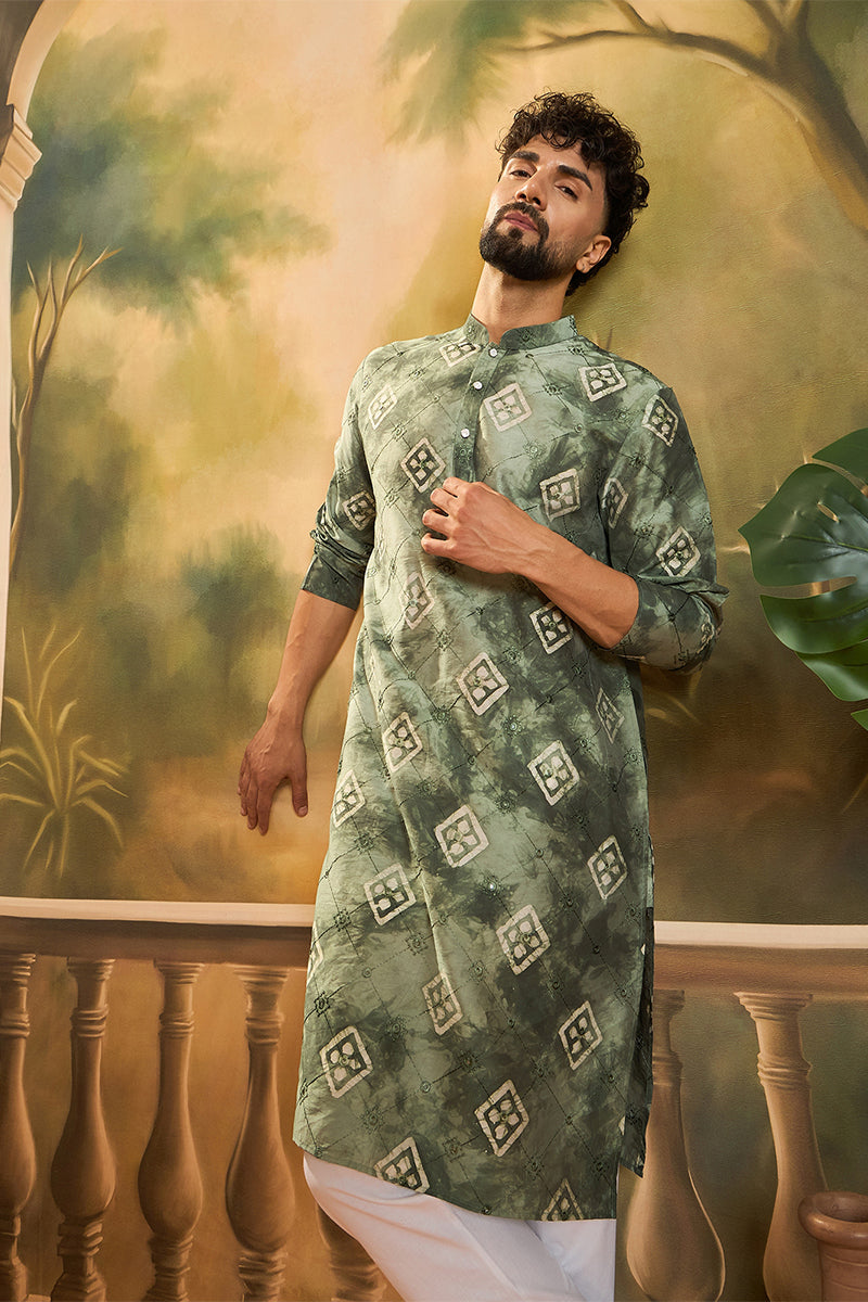 green silk blend batik embroidered straight kurta with trouser