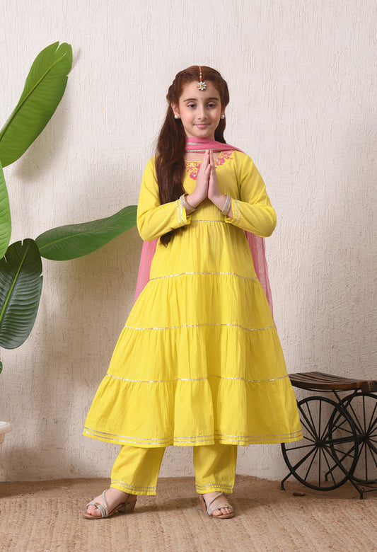 Indi Loom Couture Girls Lime Green Embroidered Tiered Kurta with Pants & Dupatta Set ILKSD74