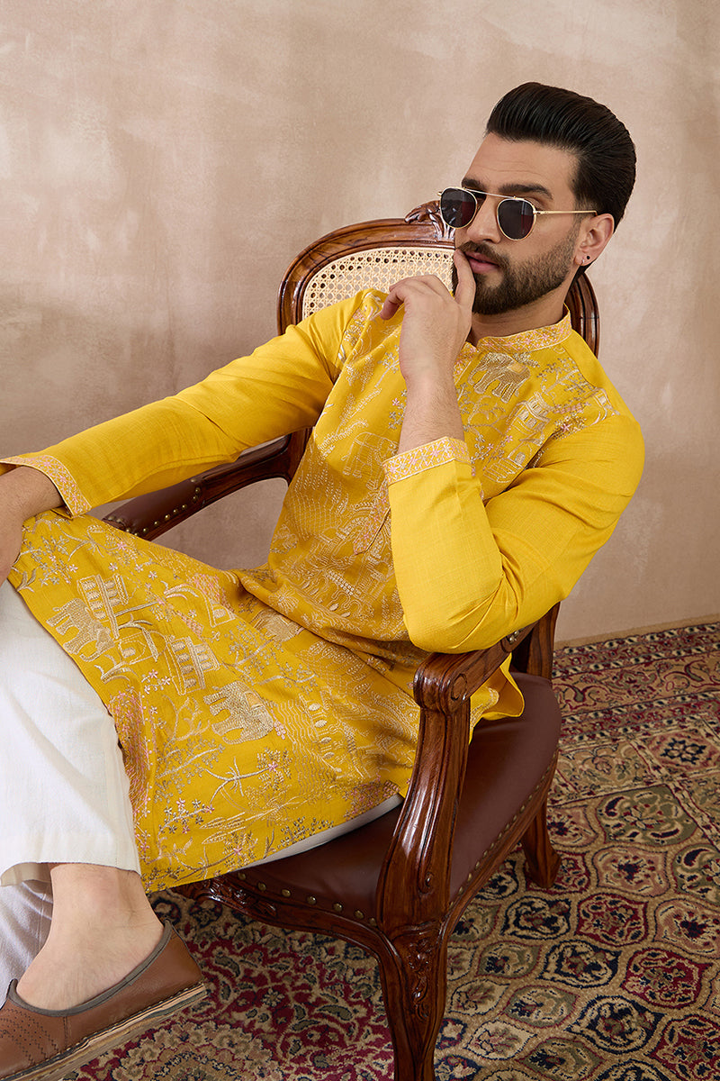 Yellow Silk Blend Embroidered Mandarin Collar Straight Kurta MKU2053