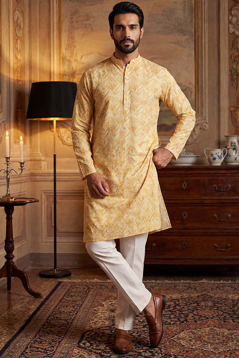 Yellow  Linen Printed Straight Kurta With Trousers MKSET2066