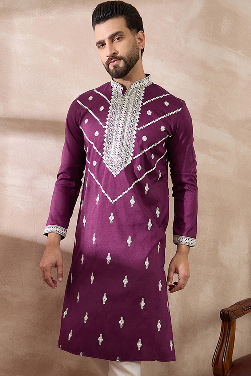 Purple Silk Blend Embroidered Mandarin Collar Straight Kurta With Trouser MKSET1789