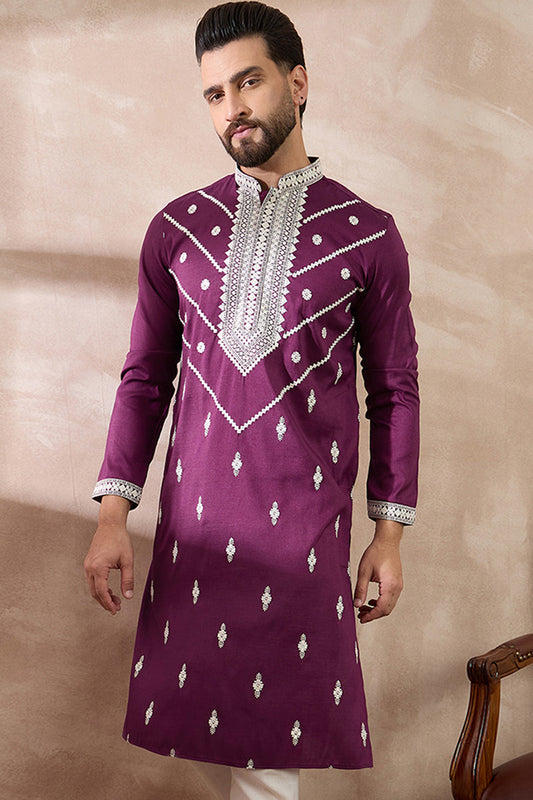 Purple Silk Blend Embroidered Mandarin Collar Straight Kurta With Trouser MKSET1789