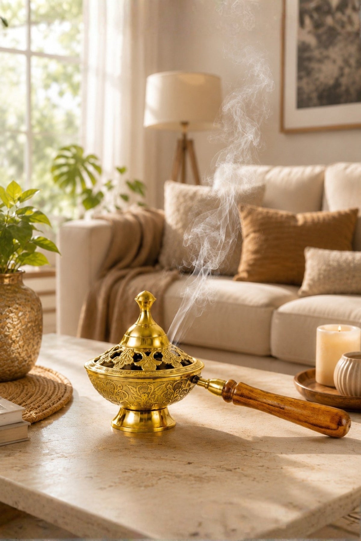 premium brass loban burner with wooden handle handcrafted brass dhoop dani for loban sambrani cups bakhoor camphor resin incense antique floral brass incense burner for home temple meditation gifting