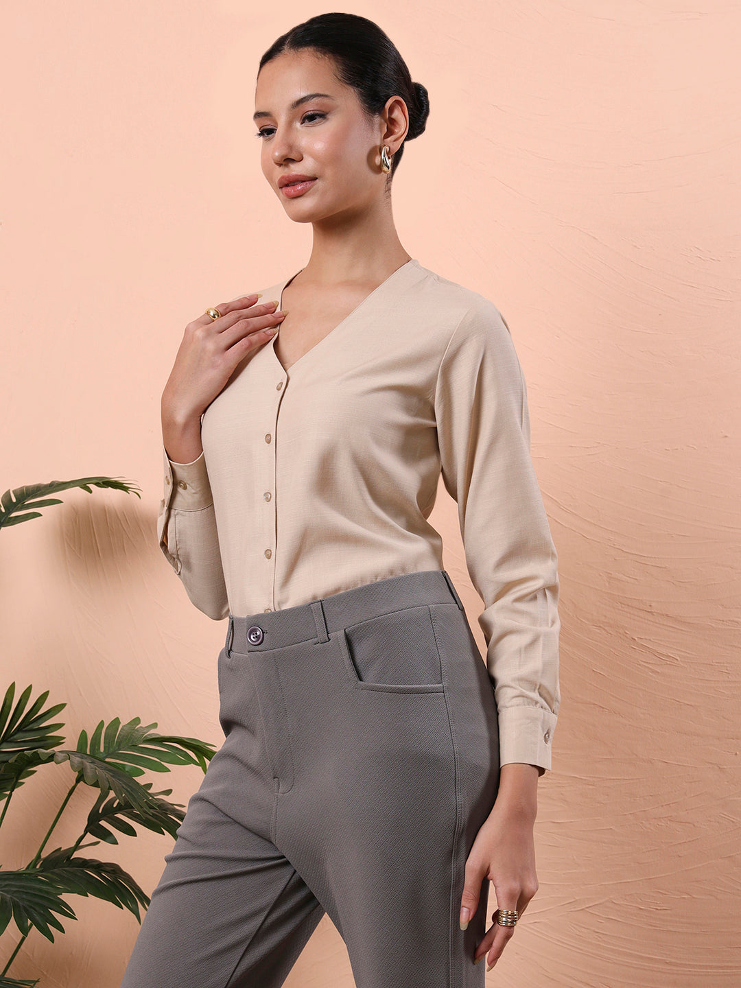 smart opaque v neck formal shirt