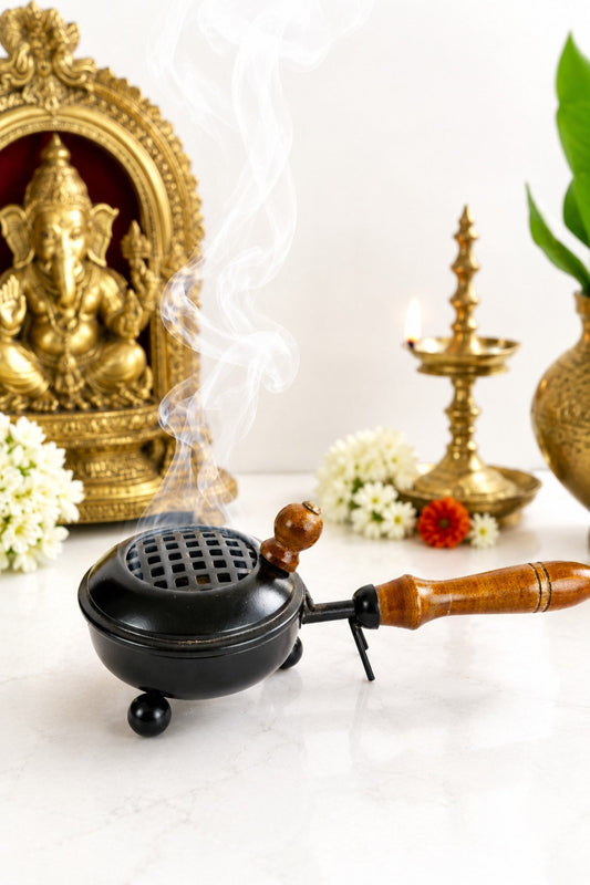 brass finish metal dhoop dani with wooden handle lid for pooja loban sambrani burning covered incense burner for home temple havan vastu premium festive gift item copy