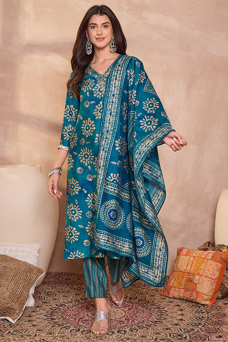 blue cotton blend abstract printed straight kurta trouser with dupatta vkskd3212