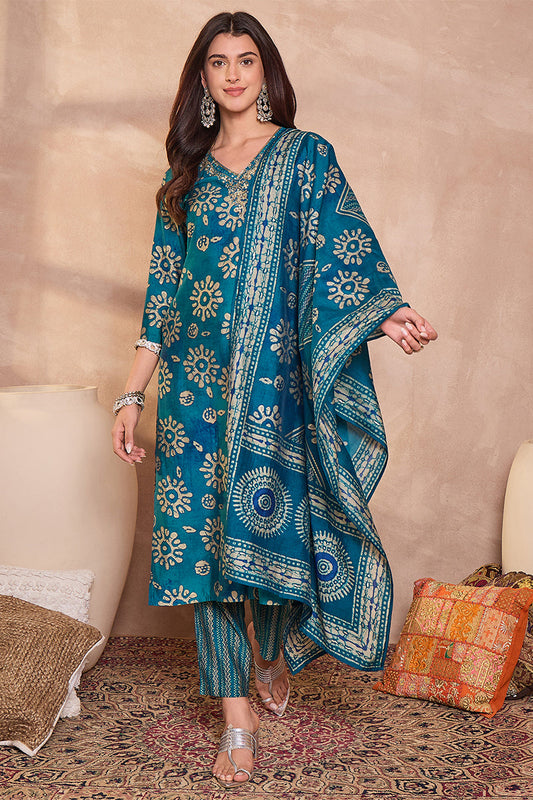 blue cotton blend abstract printed straight kurta trouser with dupatta vkskd3212