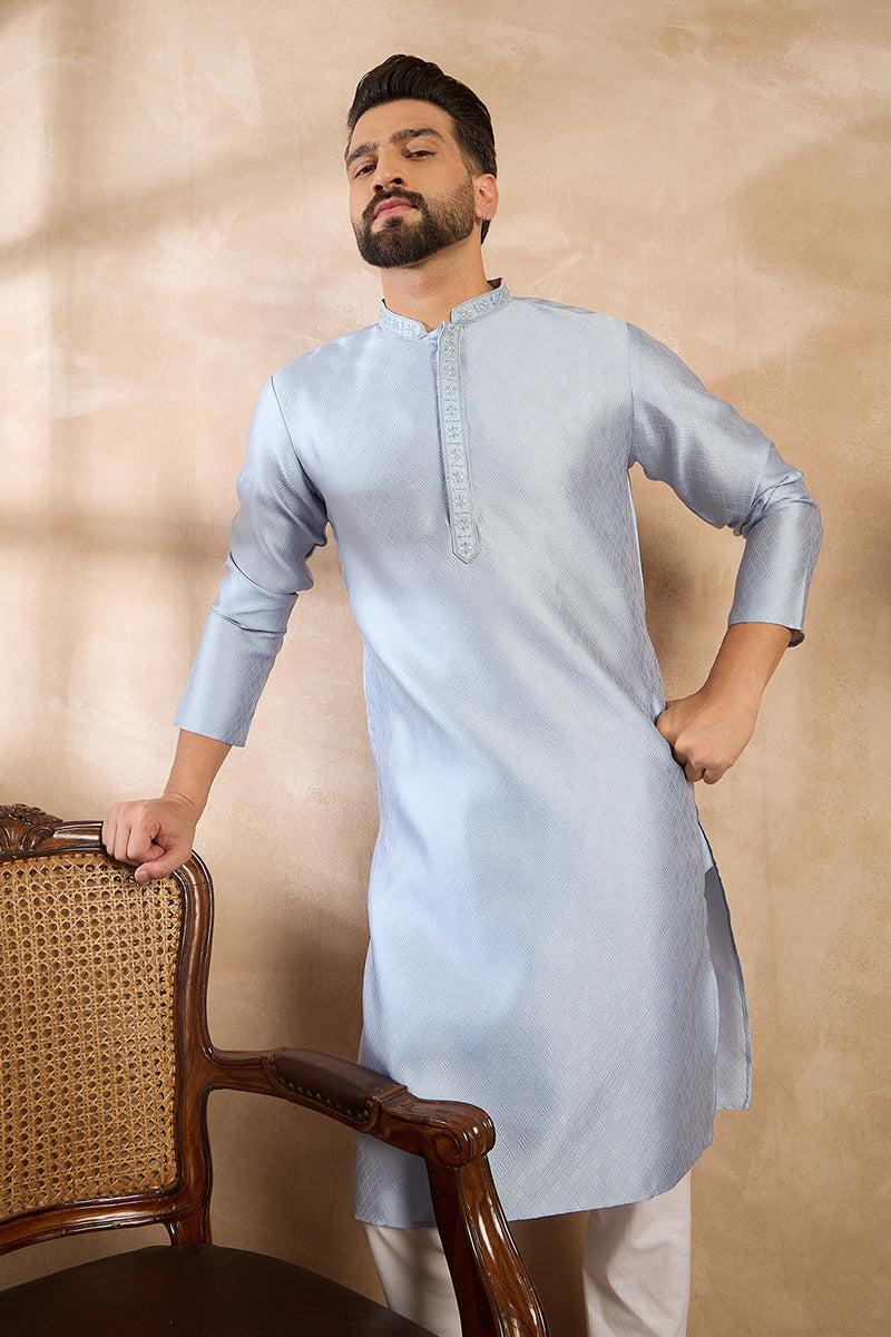 Blue Polyester Solid Embroidered Straight Kurta With Trouser MKSET1841
