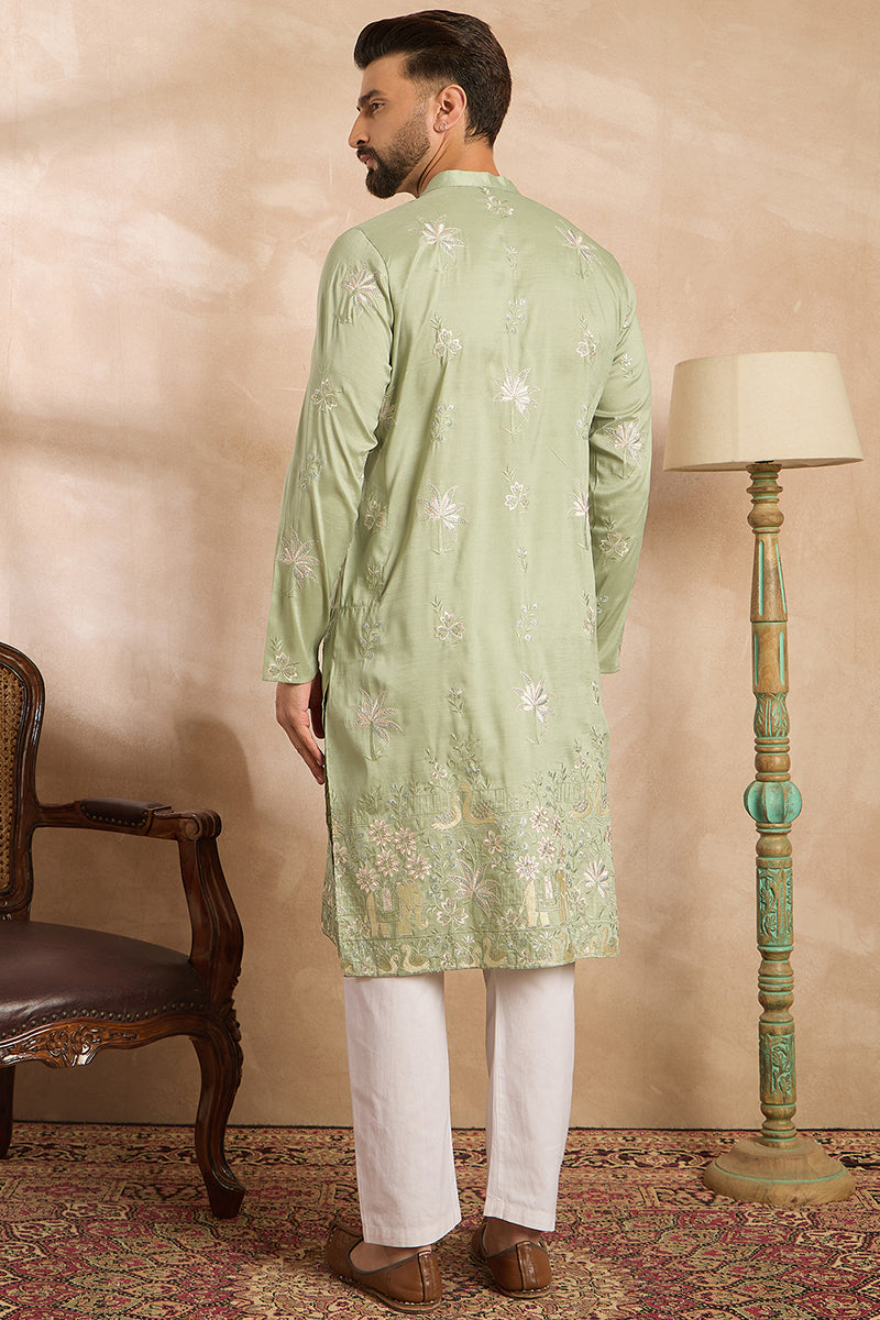 Olive Silk Blend Solid Embroidered Straight Kurta