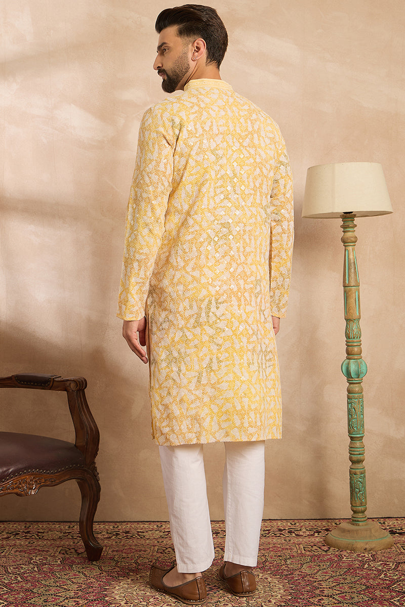 Yellow Viscose Rayon Solid Printed Straight Kurta With Trouser