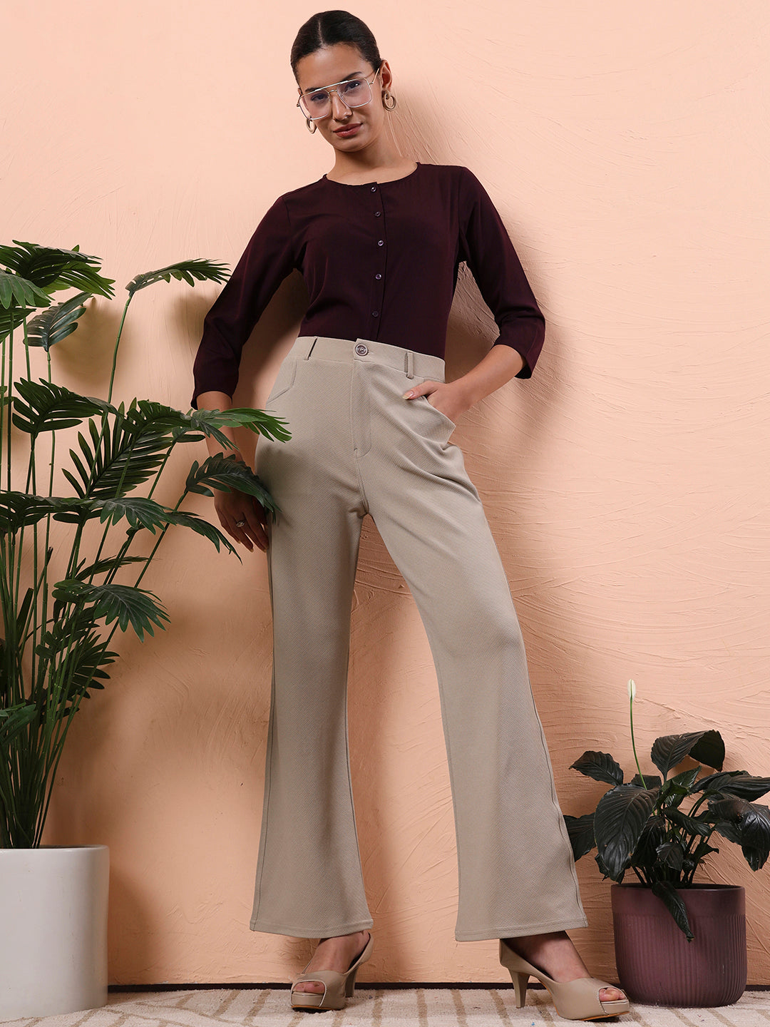 women smart mandarin collar solid polyester shirt