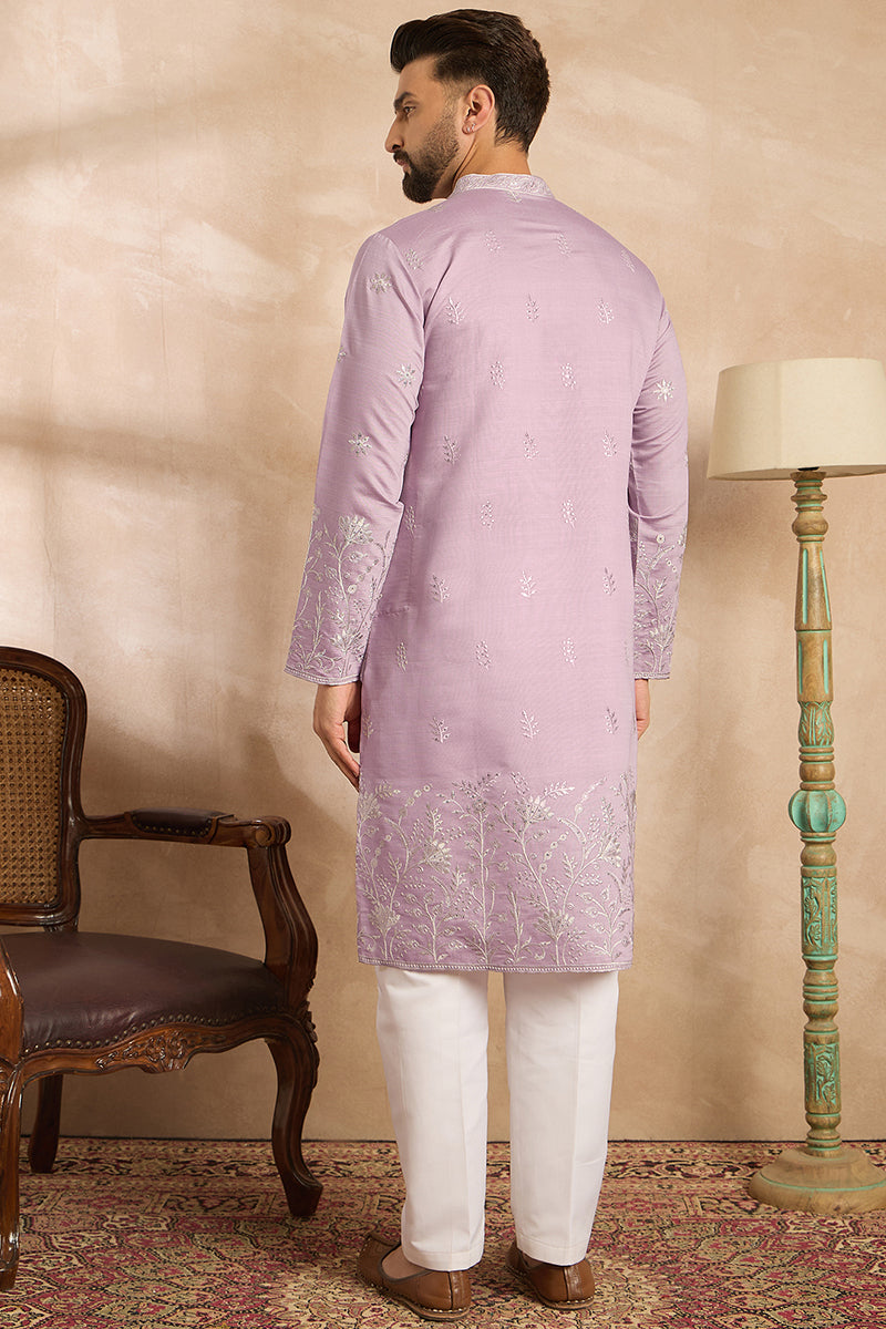 Lavender Silk Blend Floral Embroidered Straight Kurta With Trouser