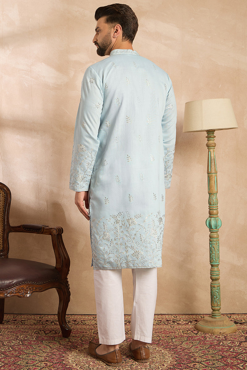 Blue Silk Blend Solid Embroidered Straight Kurta With Trouser