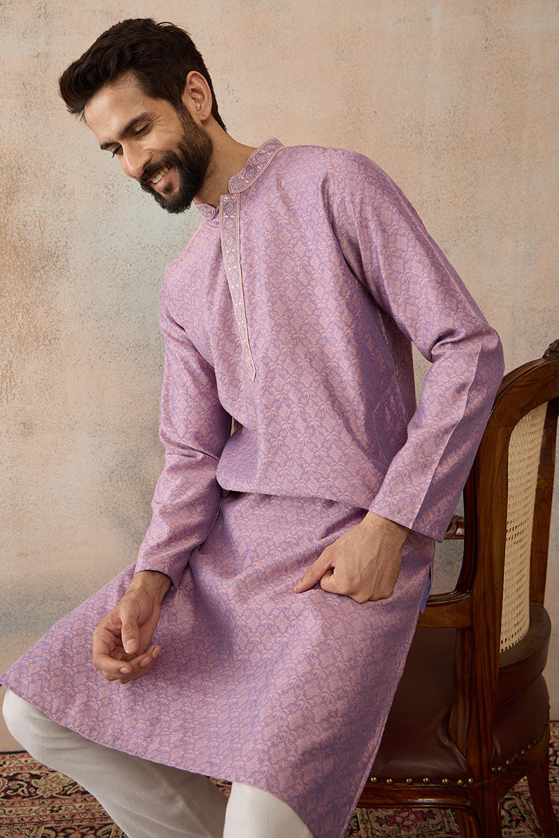 Mens Lavender Jacquard Solid Embroidered Kurta