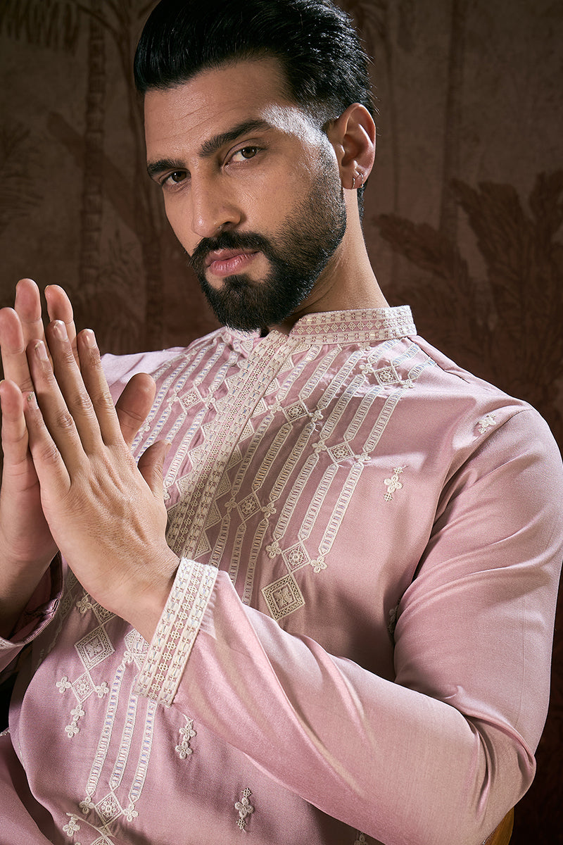 Pink Silk Blend Solid Embroidered Straight Kurta MKU1788
