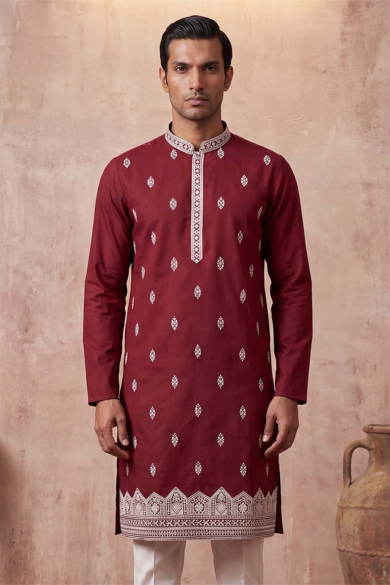 Silk Blend Maroon Solid Embroidered Calf Length Straight Kurta MKU2270