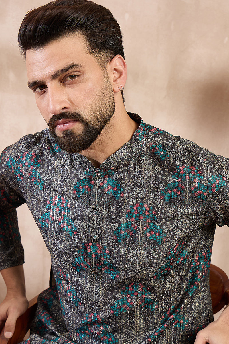 Black Silk Blend Floral Printed Straight Kurta MKU2015