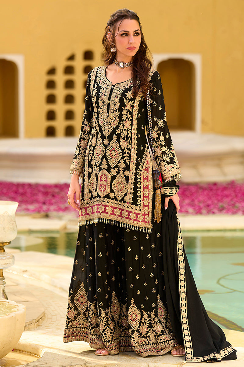 black chinon chiffon embroidered straight kurta sharara with dupatta