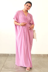 Light Lavender Center Pleated Evening Crepe Dress with Pearl Embellishments and Hidden Belt