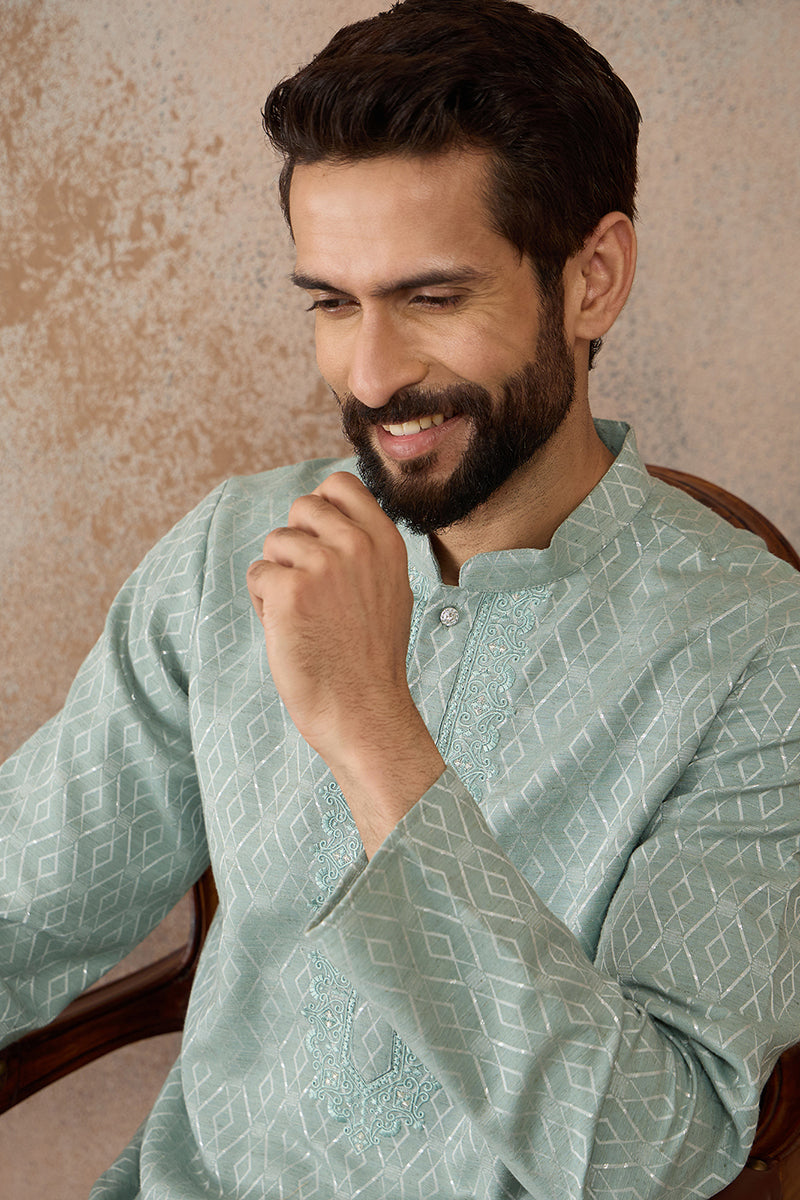 Mens Green Linen Blend Geometric Woven Design Kurta MKU2365