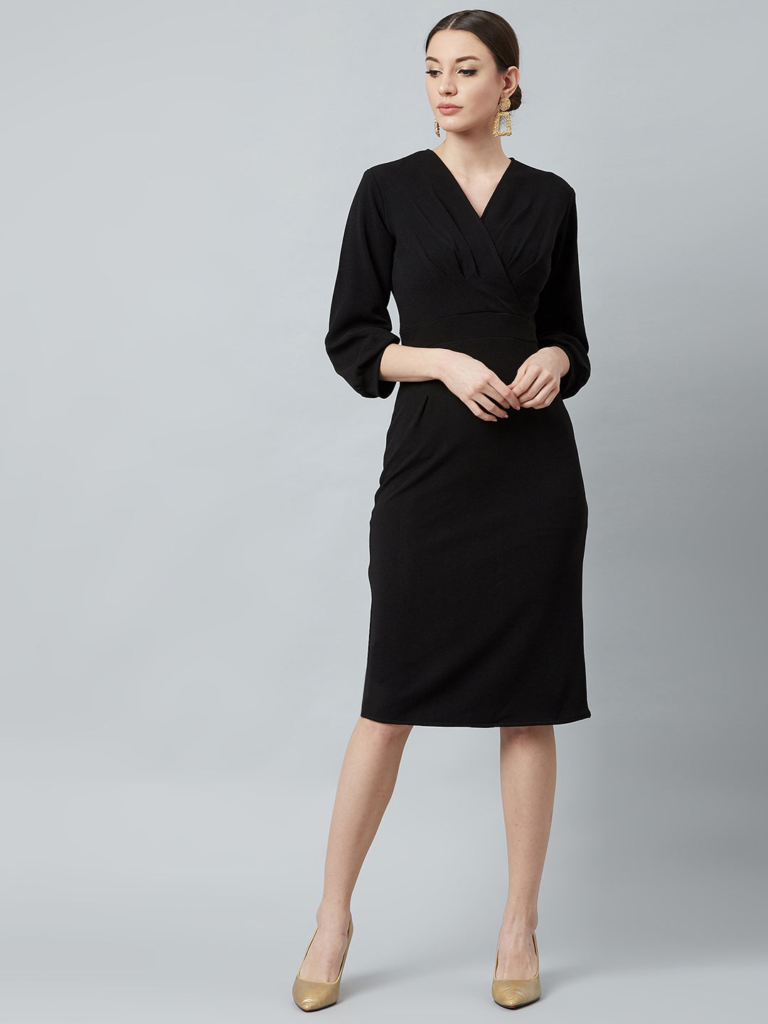 athena black v neck sheath dress