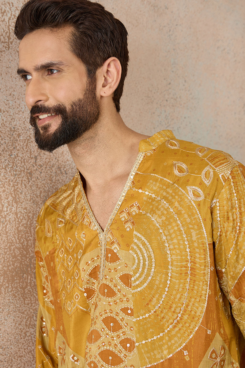 Mens Mustard Silk Blend Ethnic Motifs Embroidered Kurta MKU2456