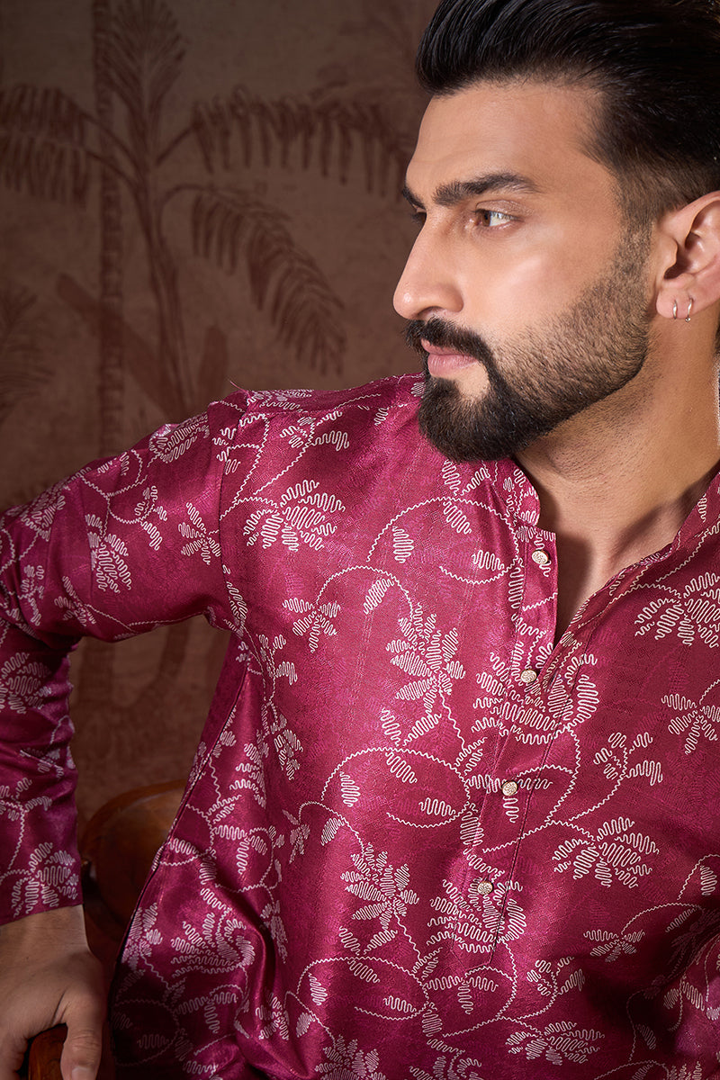 Red Silk Blend Floral Printed Straight Kurta With Trouser MKSET1975