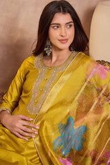 yellow silk blend solid embroidered straight kurta trouser with dupatta 